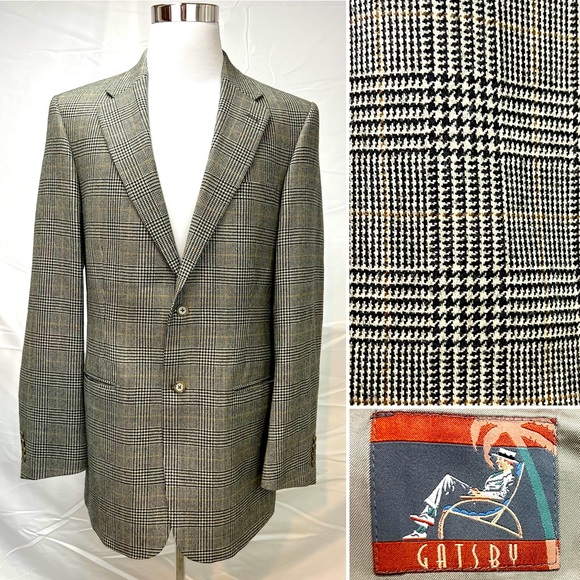 Men's Gatsby 44XL Lambswool Houndstooth Plaid Brown Tan 2-Button Blazer Jacket - Picture 1 of 12